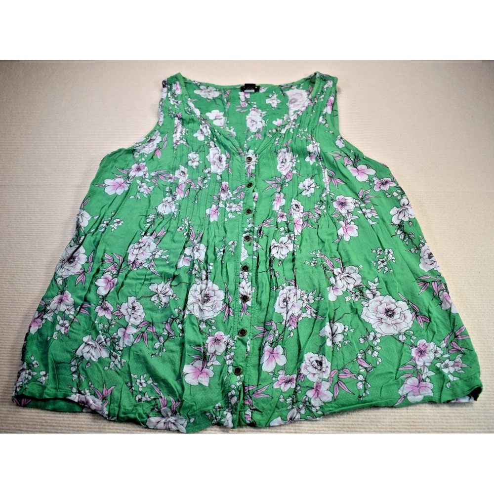 Torrid Tank Top Women's Size 1 (XL) Green Pleated Floral Pintuck Button Front
